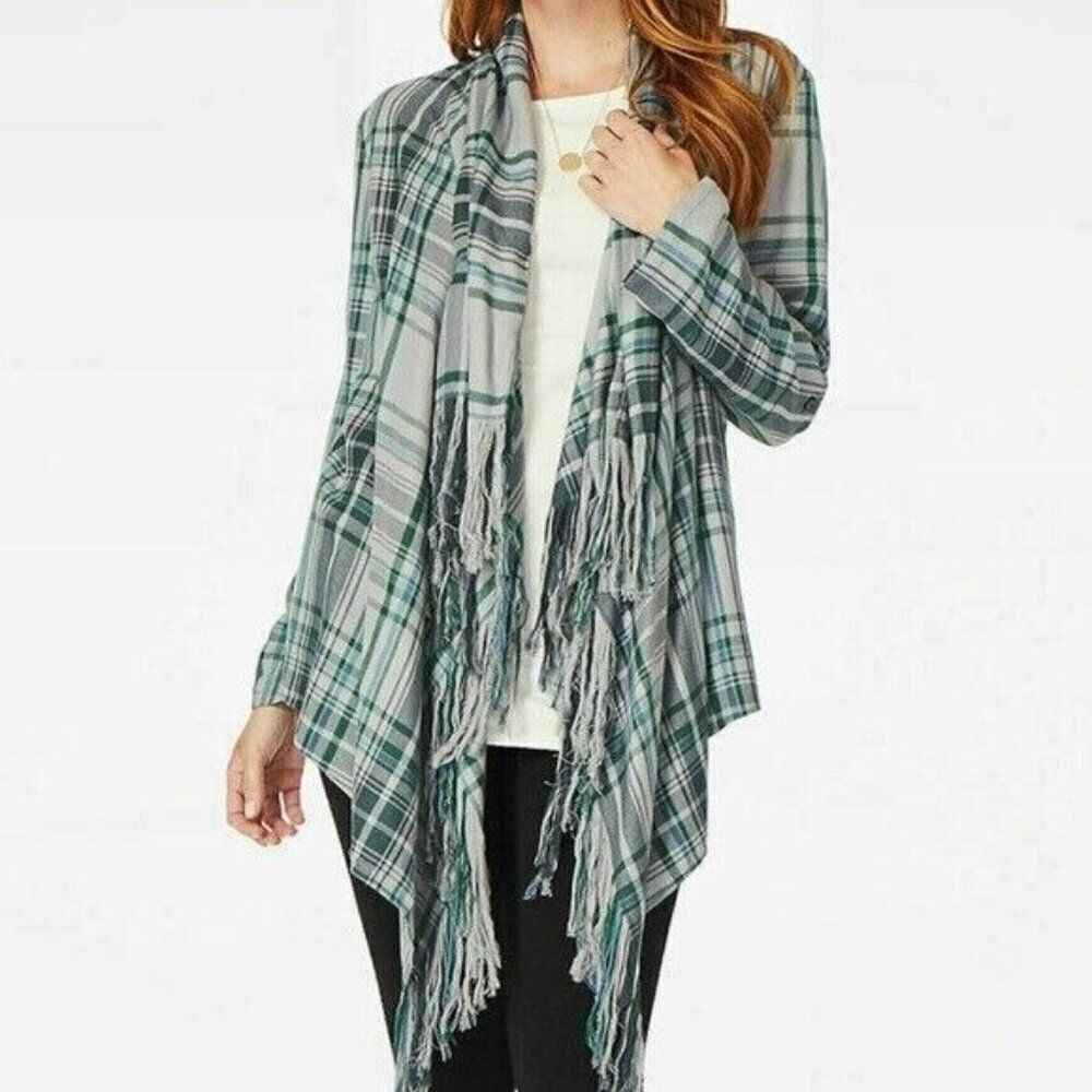 Matilda Jane Moments With You Form A Line Jacket Plaid Fringe Open Front Sz Lg